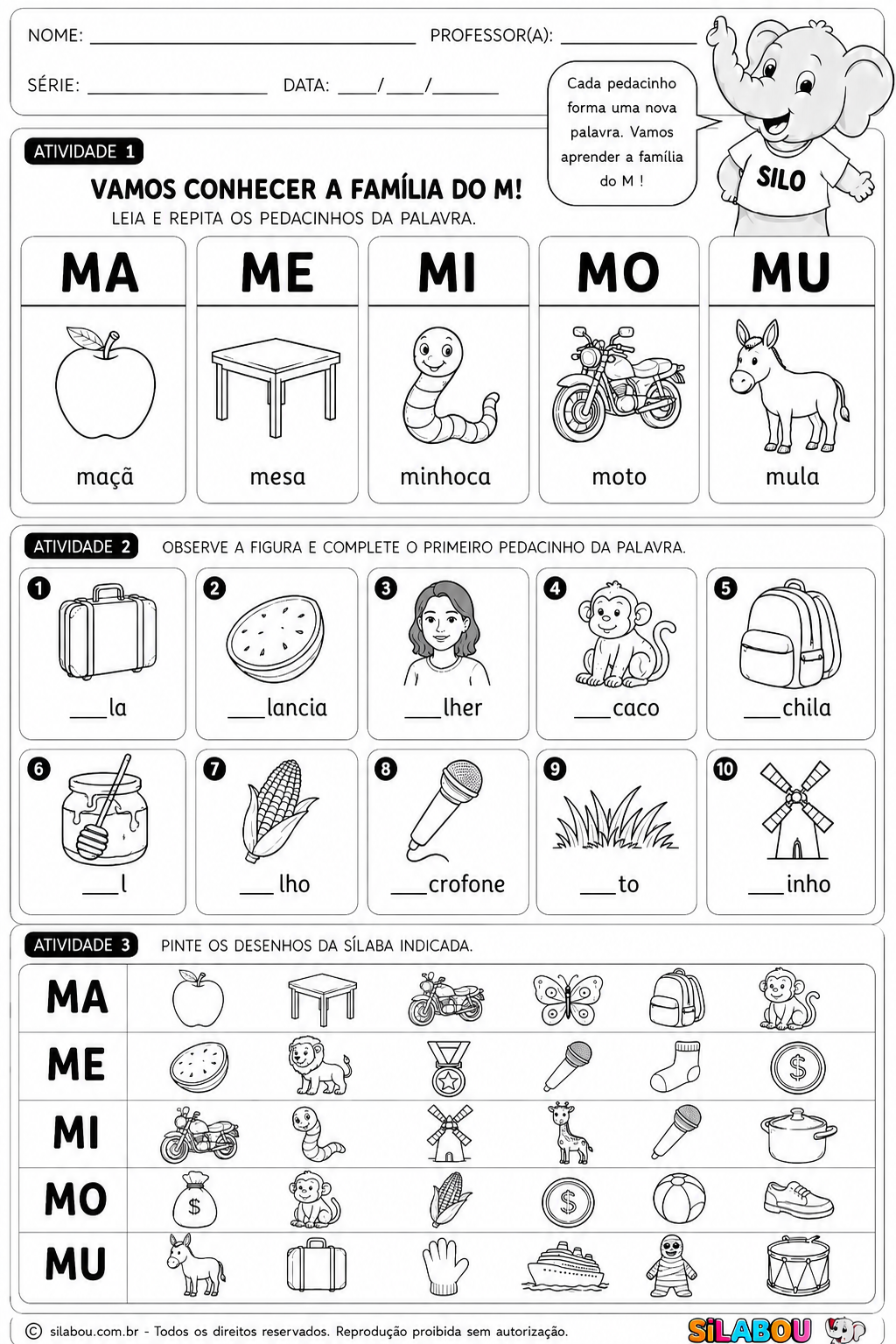 Atividade de alfabetização com a letra M