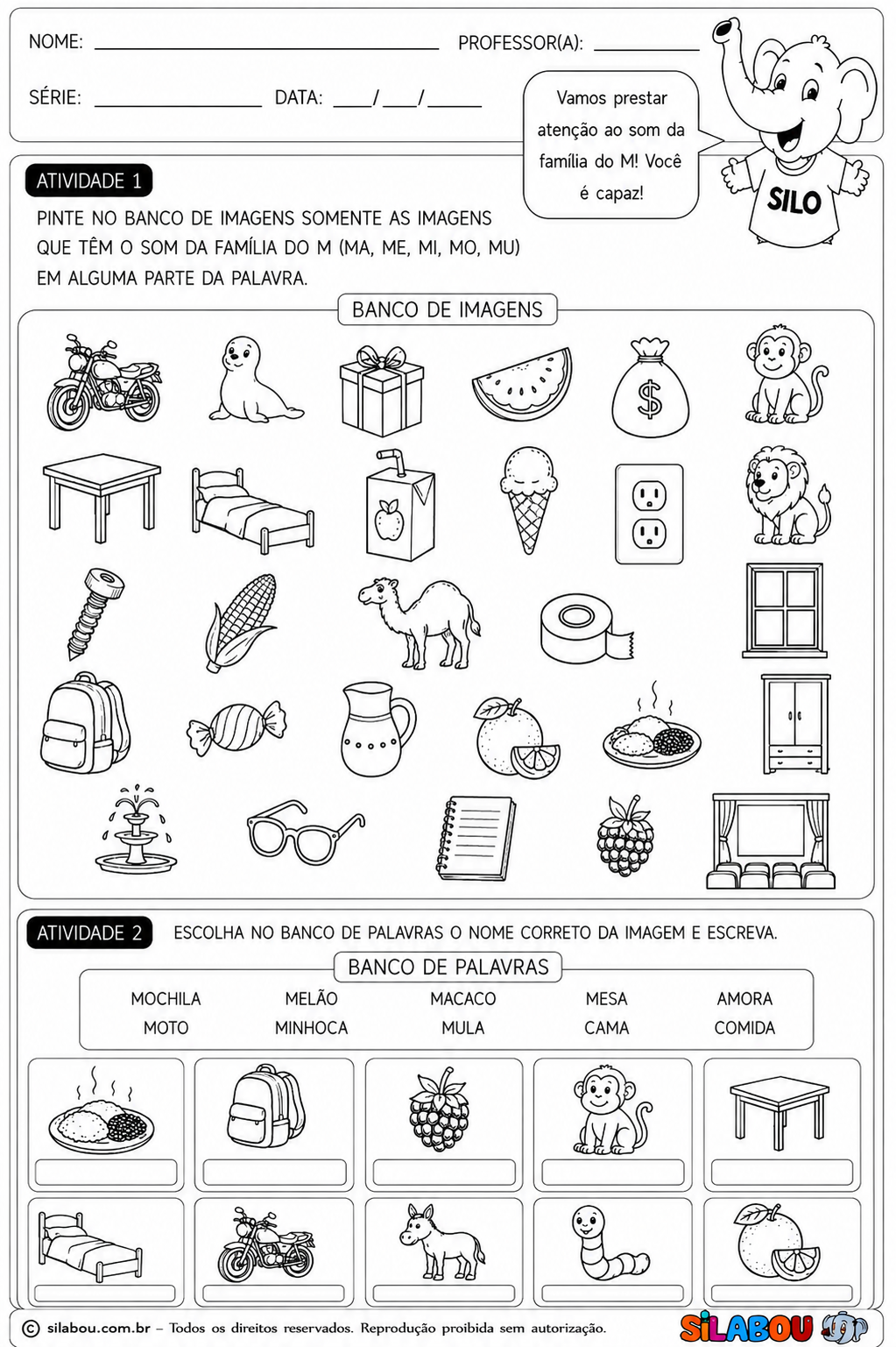 Atividade de alfabetização letra M