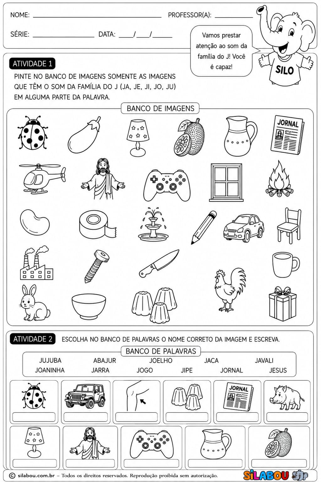 atividade de alfabetização letra J