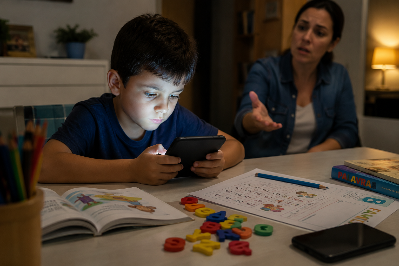 Adulto tentando chamar a atenção de criança com celular
