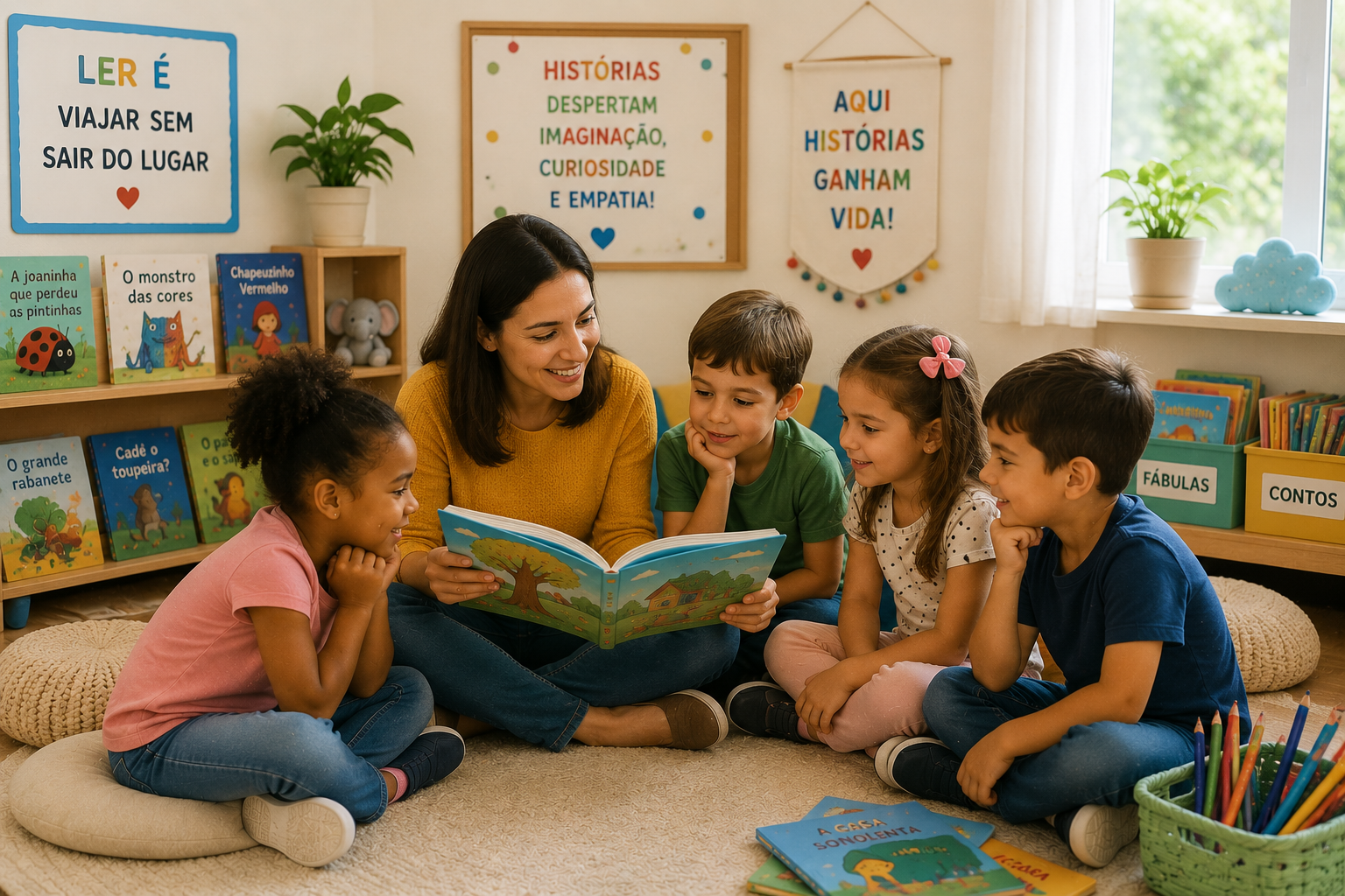 crianças interagindo com a professora durante a leitura