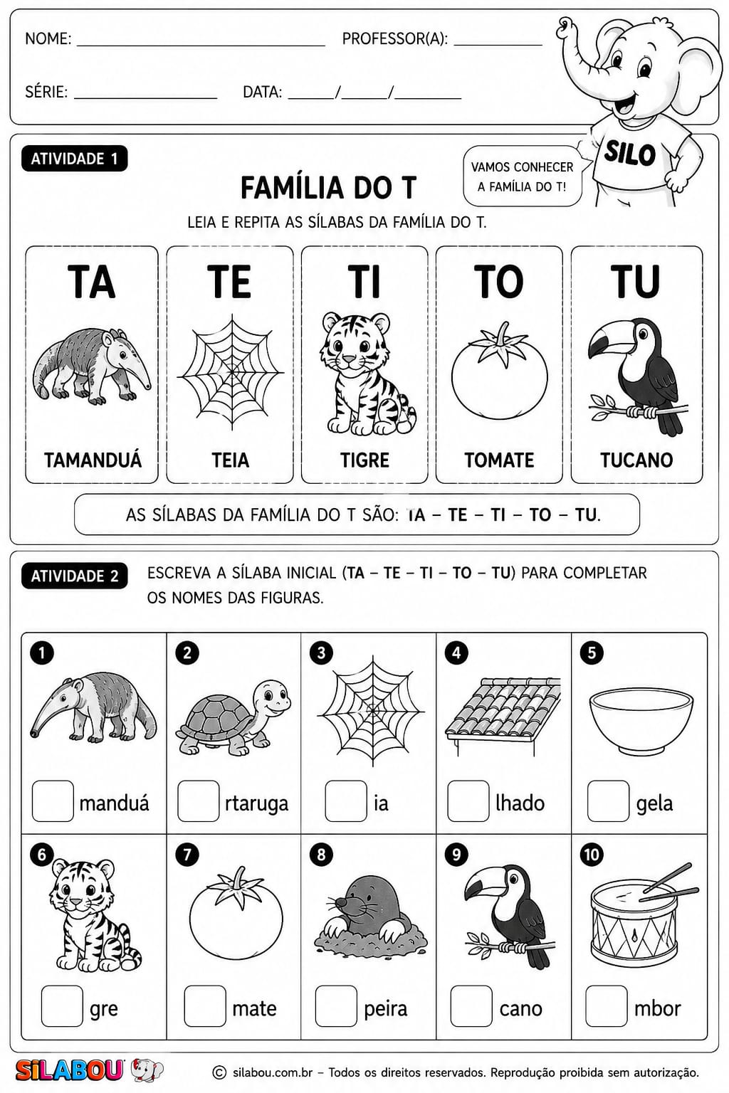 atividade de alfabetização da letra T