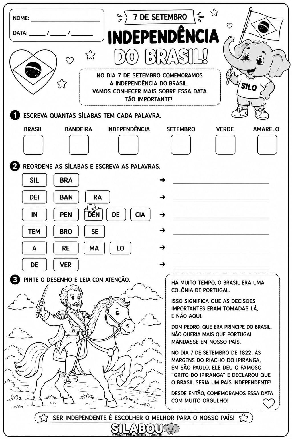Atividades do dia 7 de Setembro para o 1º e 2º ano